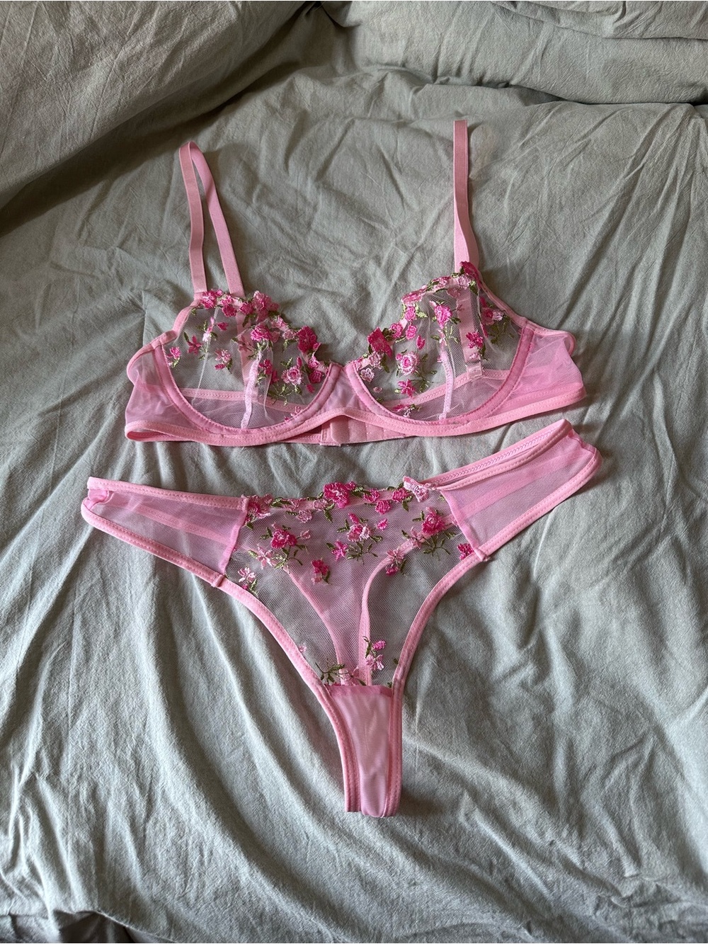 Sheer Pink Floral Embroidered Underwire Bra & Thong Set